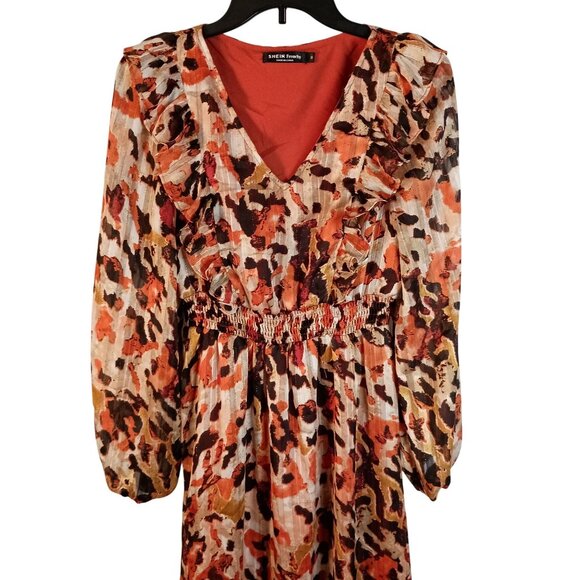 Shein Frenchy Floral Midi Dress Orange Multi Long Sleeve V Neck Womens M - Picture 3 of 10